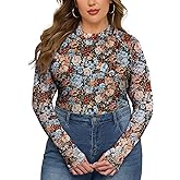 FOREYOND Plus Size Floral Mesh Tops for Women Mock Neck Long Sleeve Lace Sheer Shirts Slim Fitted Sexy Going Out Blouses