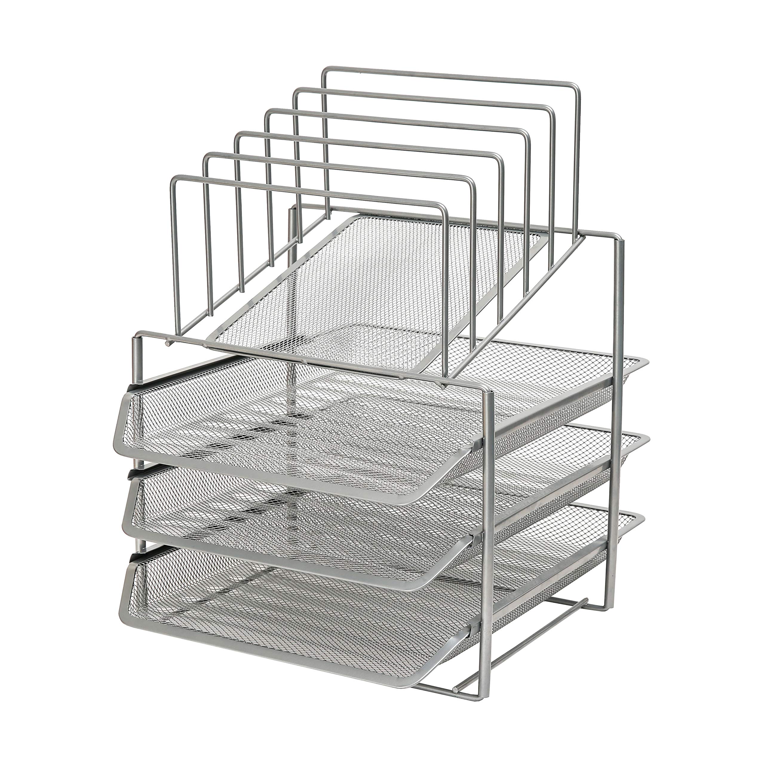 Exerz Desk Organizer 3 Layer Sliding Letter Trays with 5 Dividers - Upright Sections/Paper Sorter/Drawer/Desk File Holder for Office, School (Silver Grey Colour)