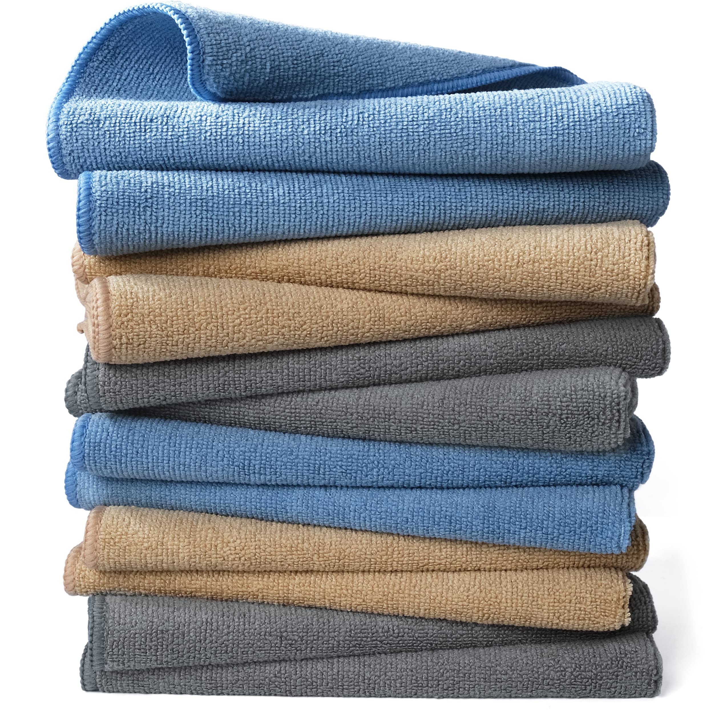 POLYTE Microfibre Cleaning Towel (40x40, 12 Pack Professional, Blue,Camel,Gray)