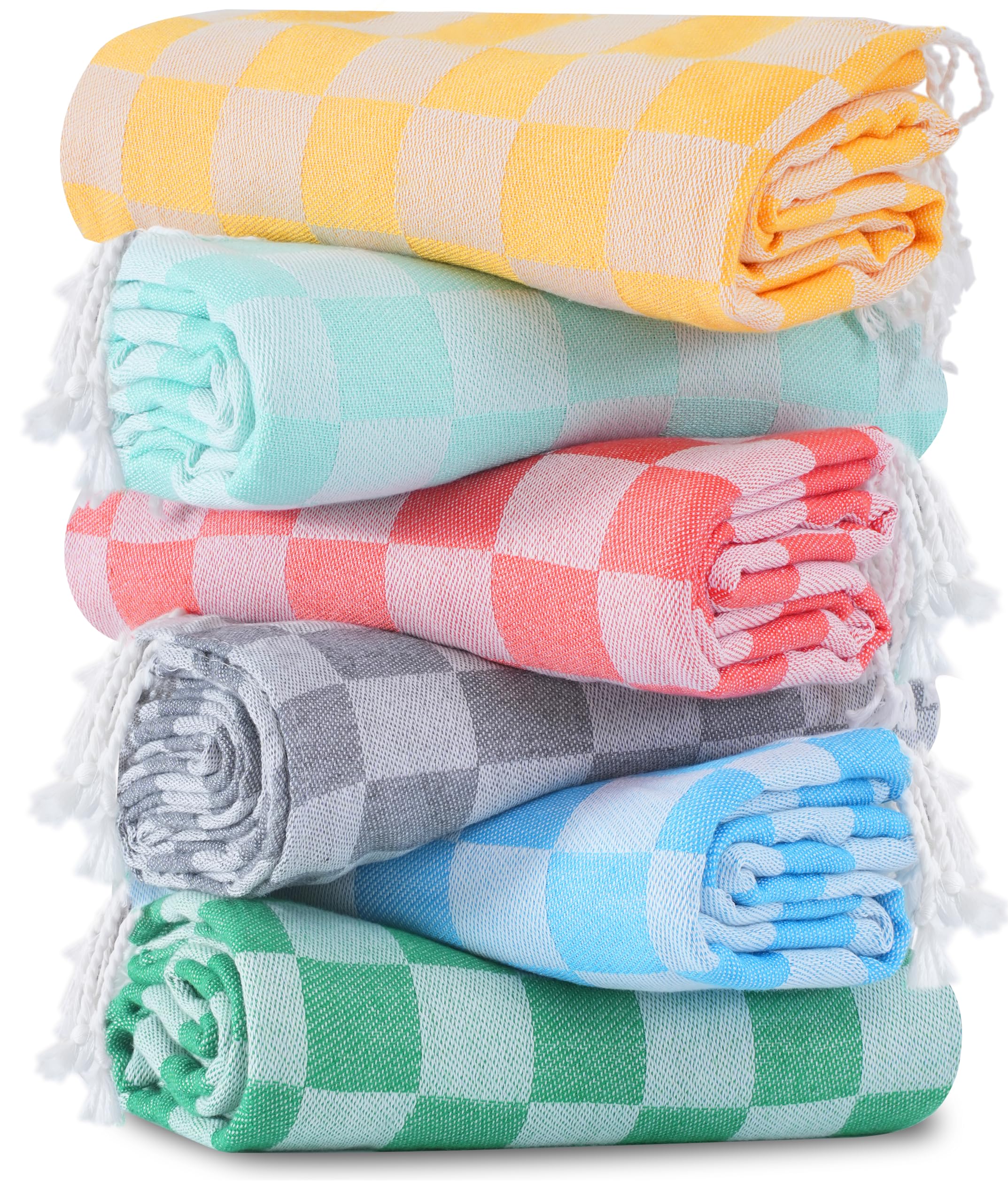 Photo 1 of 6 Packs Turkish Beach Towel Blanket Set Pool Bath Towels Bulk Multipack Travel Sand Free Quick Dry Extra Large Oversized Cute Big Cotton Soft Lightweight Compact Checkered Proof Cloud Men Women Adult