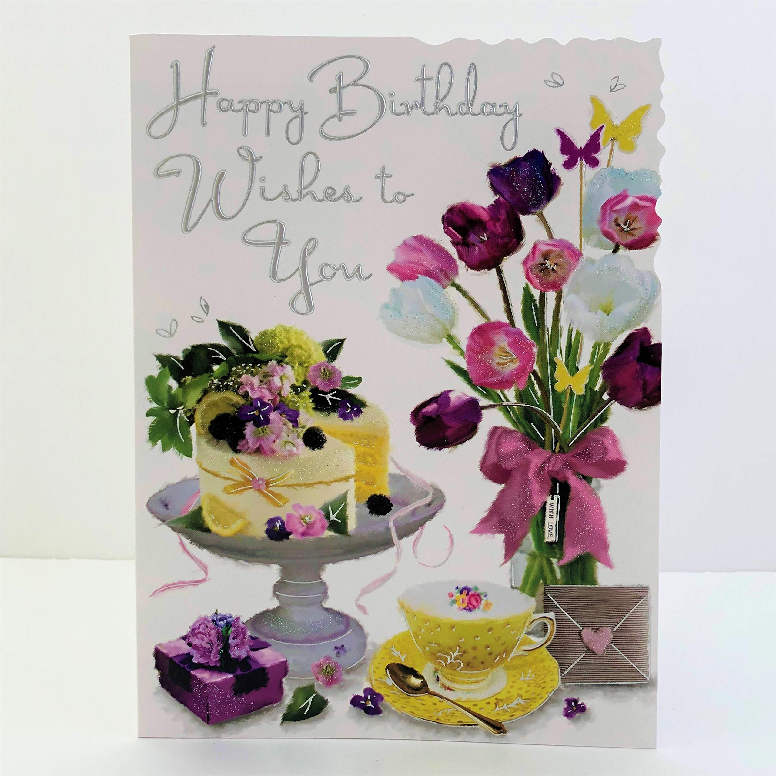 Jonny Javelin Female Happy Birthday Wishes to You Card - Cake Flowers Tea Cup