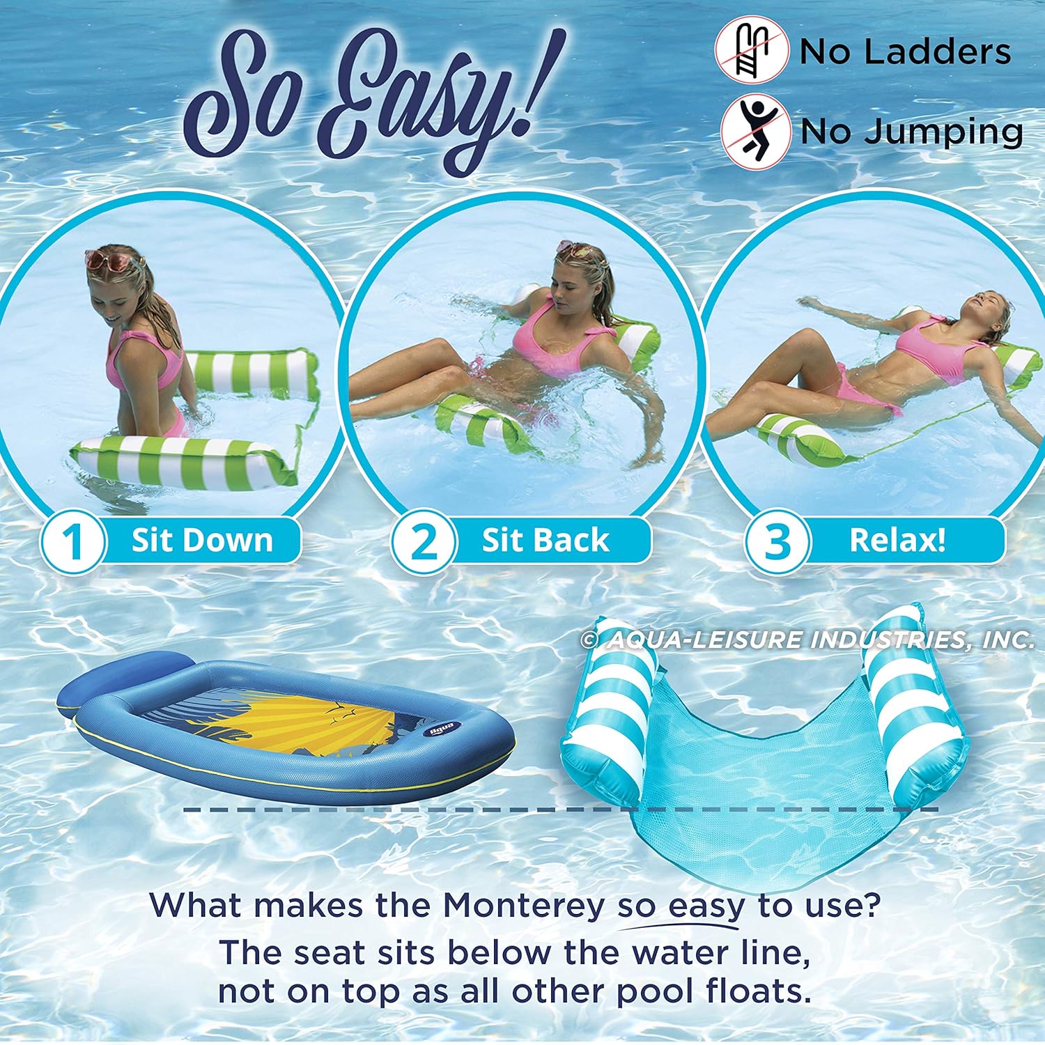 Aqua 4-in-1 Monterey Hammock Inflatable Pool Float, Multi-Purpose Pool Hammock (Saddle, Lounge Chair, Hammock, Drifter) Pool Chair, Portable Water Hammock, Light Blue/White Stripe: Toys & Games
