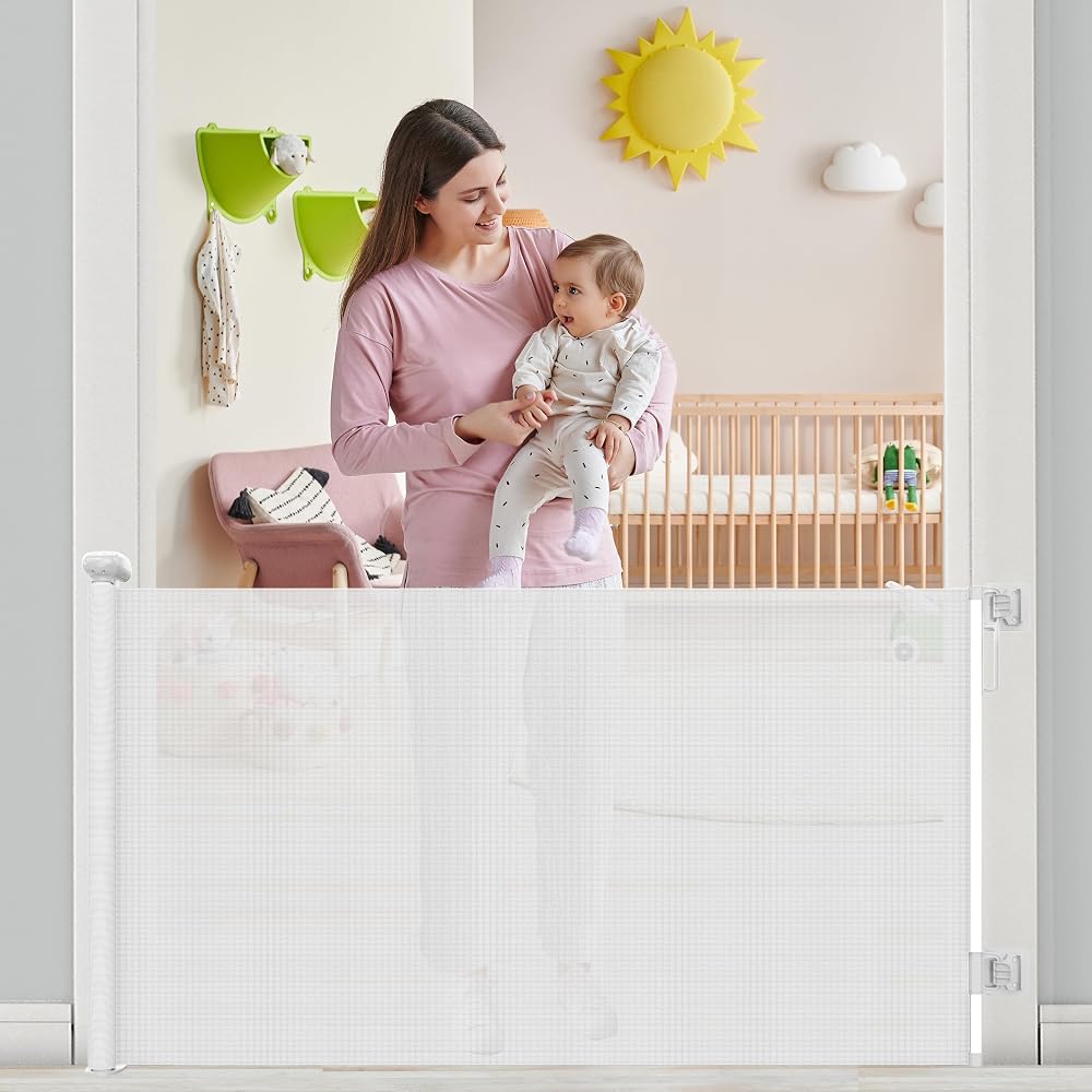 THE LYCHEE TREE Retractable Baby Gate 55in Wide 33.86in Tall Grey