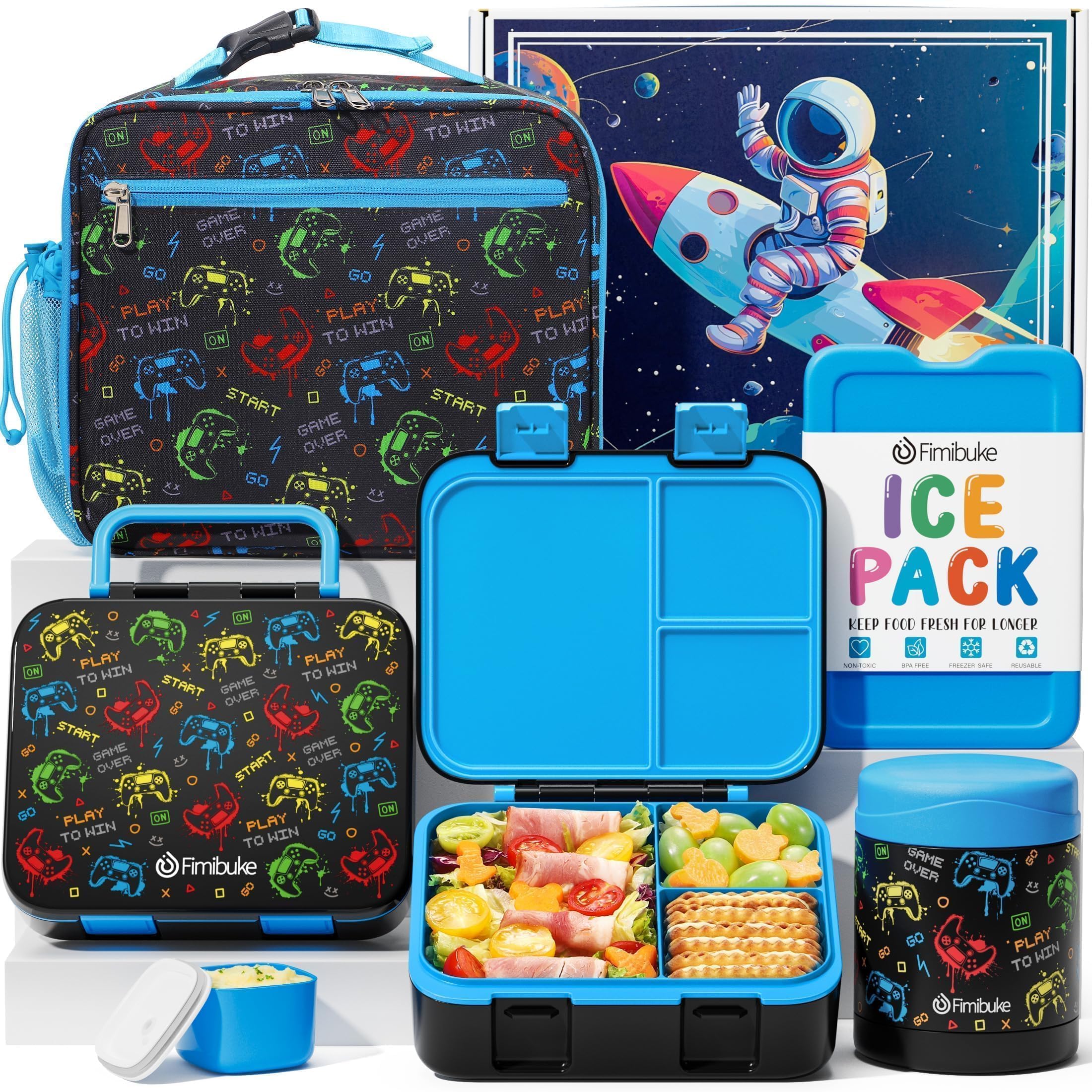 Photo 1 of Fimibuke Bento Lunch Box for Kids with Thermos, 32OZ Snack Lunch Container with 3 Compartments, Insulated Lunch Bag, 12OZ Leakproof Food Jar, Ice Pack Set for Age 3-12 Toddler Teen Girls Boys -Gamepad