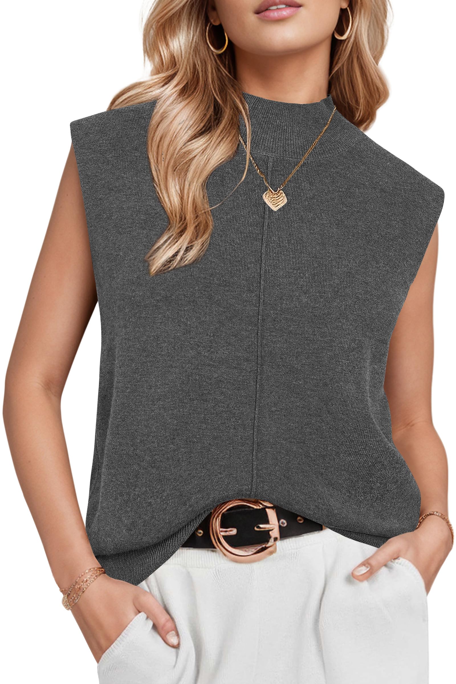 Photo 1 of Arach&Cloz Womens Spring 2025 Sweater Vest Business Casual Outfits Work Tank Tops Mock Neck Sleeveless Turtleneck Cashmere Knit Dressy Clothes Dark Grey XXL