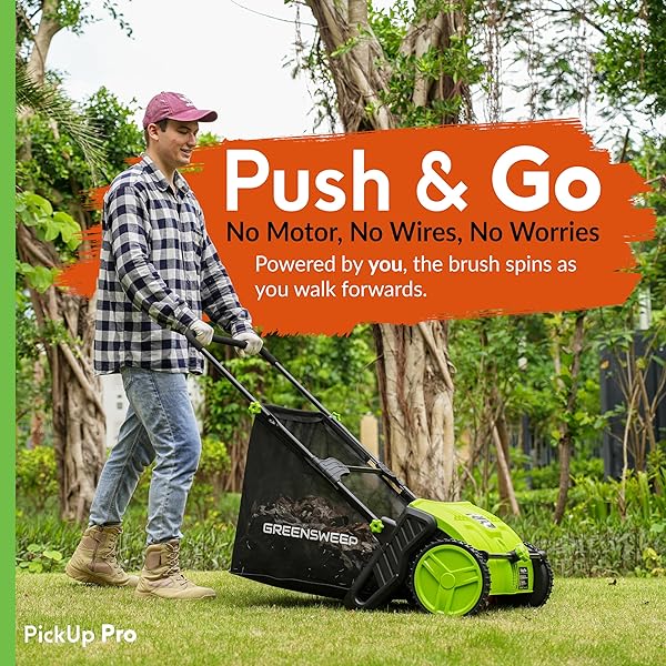 PICKUP PRO 2 LEAF & LAWN SWEEPER – PUSH POWERED GARDEN SWEEPER FOR GRASS CLIPPINGS, LEAVES & DEBRIS – MANUAL PUSH YARD SWEEPER WITH HEIGHT ADJUSTMENT & LARGE COLLECTION HOPPER