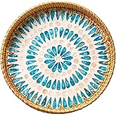 JUNGLE CULTURE Large Rattan Serving Tray 14" with Mother of Pearl Inlay • Coastal Boho Collection • Handcrafted Serving Tray with Handles • Round Woven Table Trays for Home • Wicker Basket – Ripple
