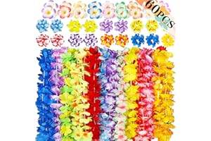 Moon Boat 60PCS Hawaiian Luau Leis Party Decorations Supplies Set - Tropical Tiki Flowers Necklaces + Bracelets + Hair Clips Bulk Summer Pool Birthday Decor Favors