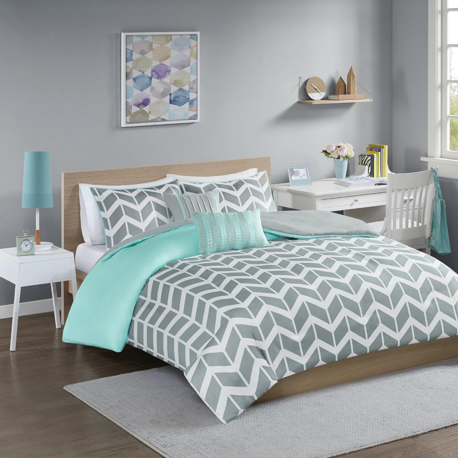 4 Piece Teal Blue Grey Chevron Duvet Cover Twin Twin Xl Set