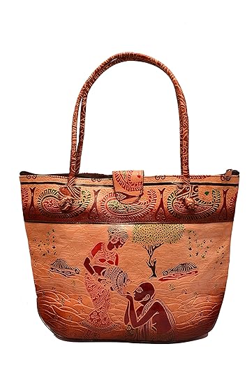 ZINT HAND TOOLED PAINTED PURE LEATHER SHANTINIKETAN ETHNIC BOHO WOMENS PURSE HANDBAG SHOULDER TOTE
