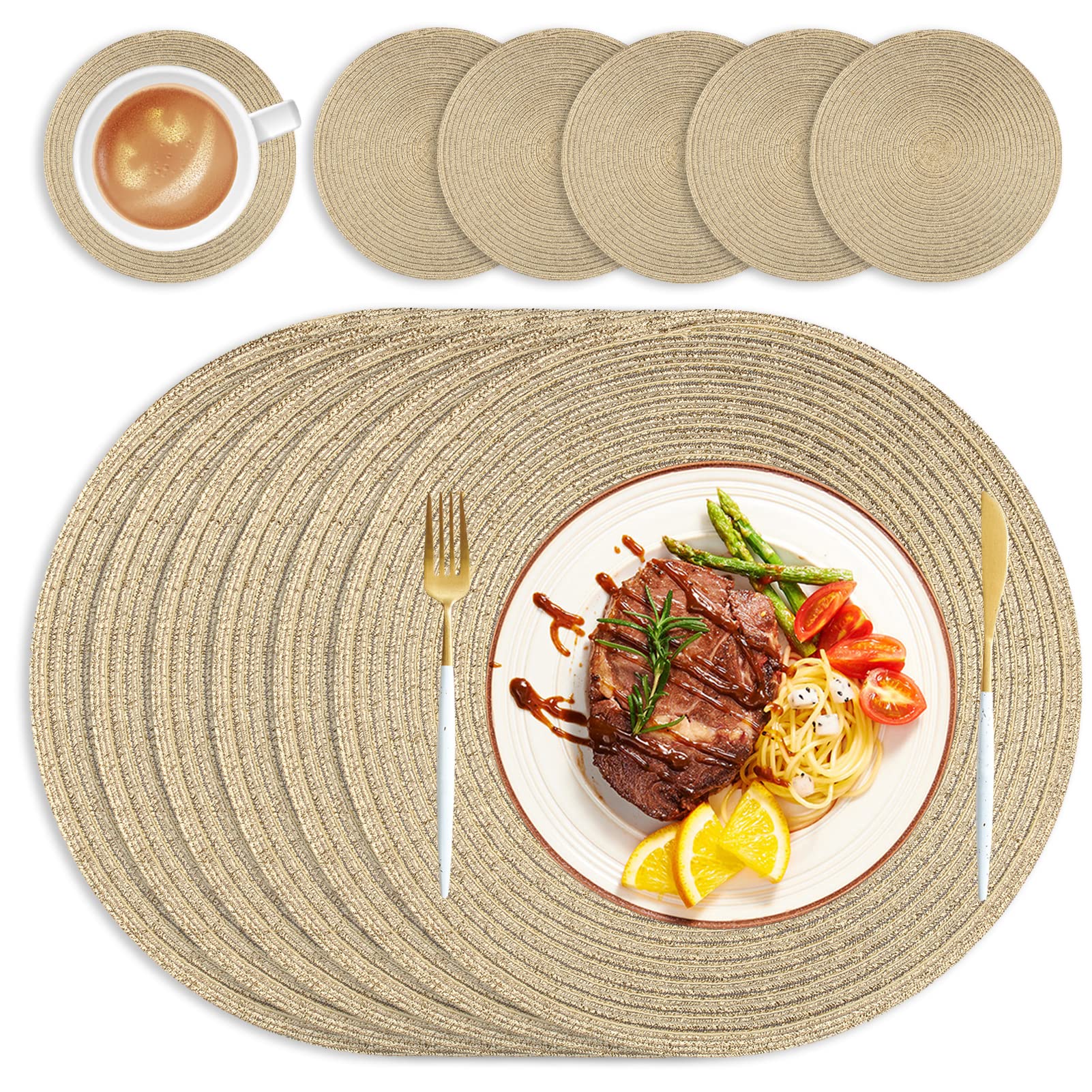 wiipara Round Woven Placemats Set of 6 Heat Resistant Round Braided Table Mats, 34 cm Washable Placemats and Coaster Sets for Dining/Kitchen Table, Party, Wedding, Gold — image 1