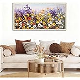 Ardemy Wildflower Wall Art Canvas Living Room Framed Daisy Floral Large Colorful Pictures Wall Decor Textured Purple Paintings Artwork for Walls Bedroom Home Office, 48"x24"
