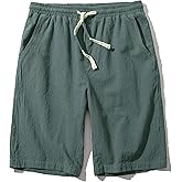 SIR7 Men's Linen Casual Classic Fit 11 Inch Inseam Elastic Waist Shorts with Drawstring