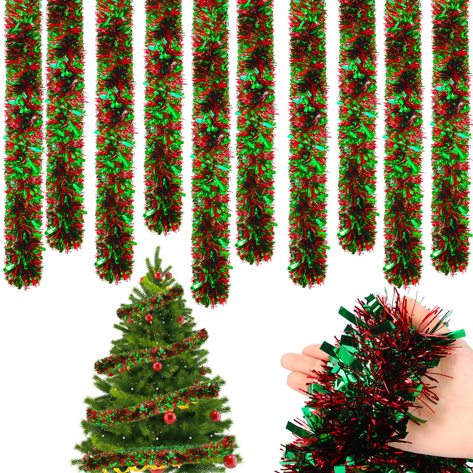 Cindeer 66 Feet/20 Meters Christmas Tinsel Garland Decoration Chunky Thick Garland Hanging Luxury Tinsel for Christmas Party Indoor and Outdoor Decor(Red, Green)