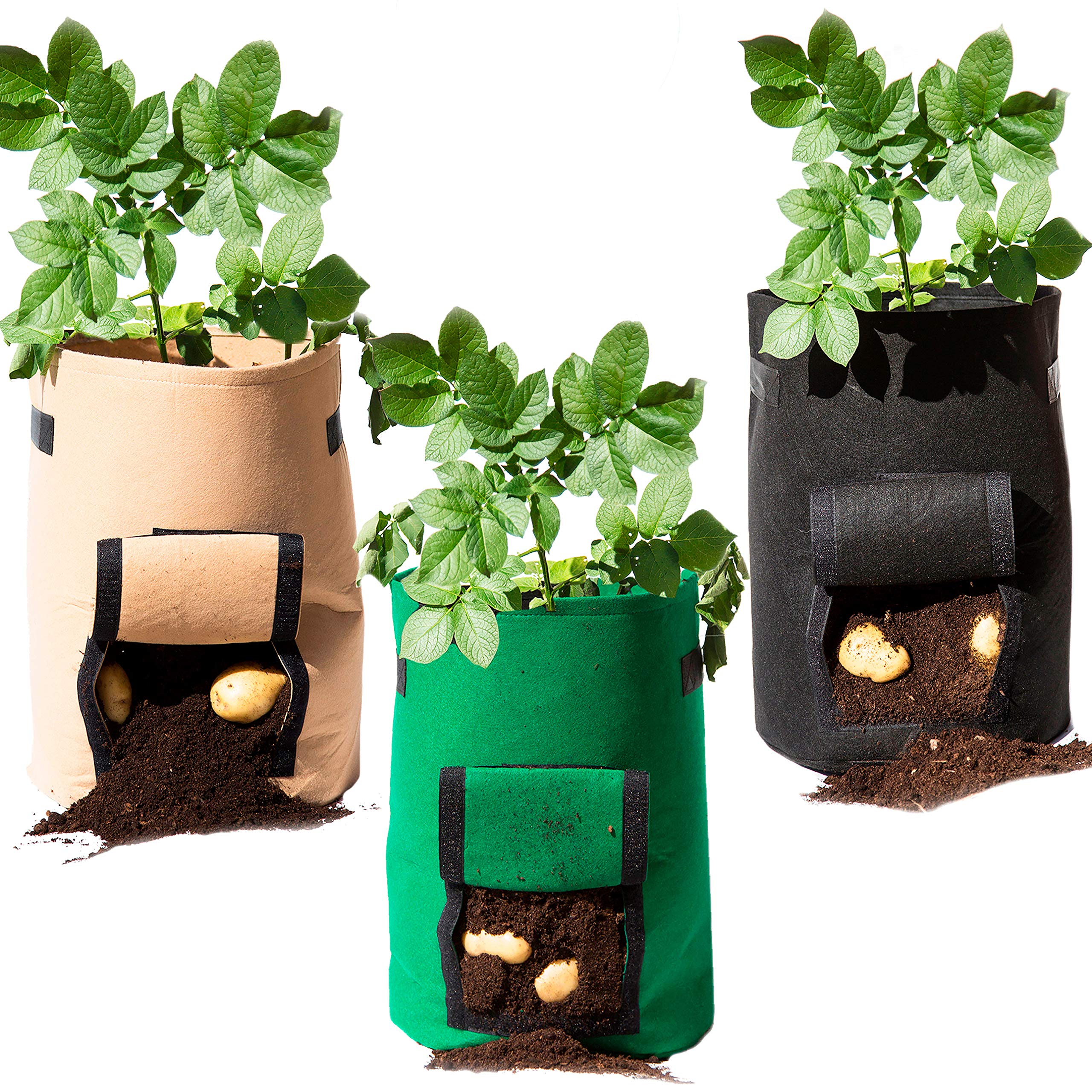 Trugion 3 Pack Large 10 Gallon Premium Felt Garden Planters | Ideal for Growing Vegetables | Potato Grow Bags | Black, Green, Brown | 35cm x 35cm x 45cm | Indoor/Outdoor