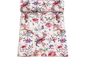 Marubhumi Indian Handmade Stitched Pure Cotton Bohemian Bird Print Kantha Quilt (White, Queen (90"x 108"))