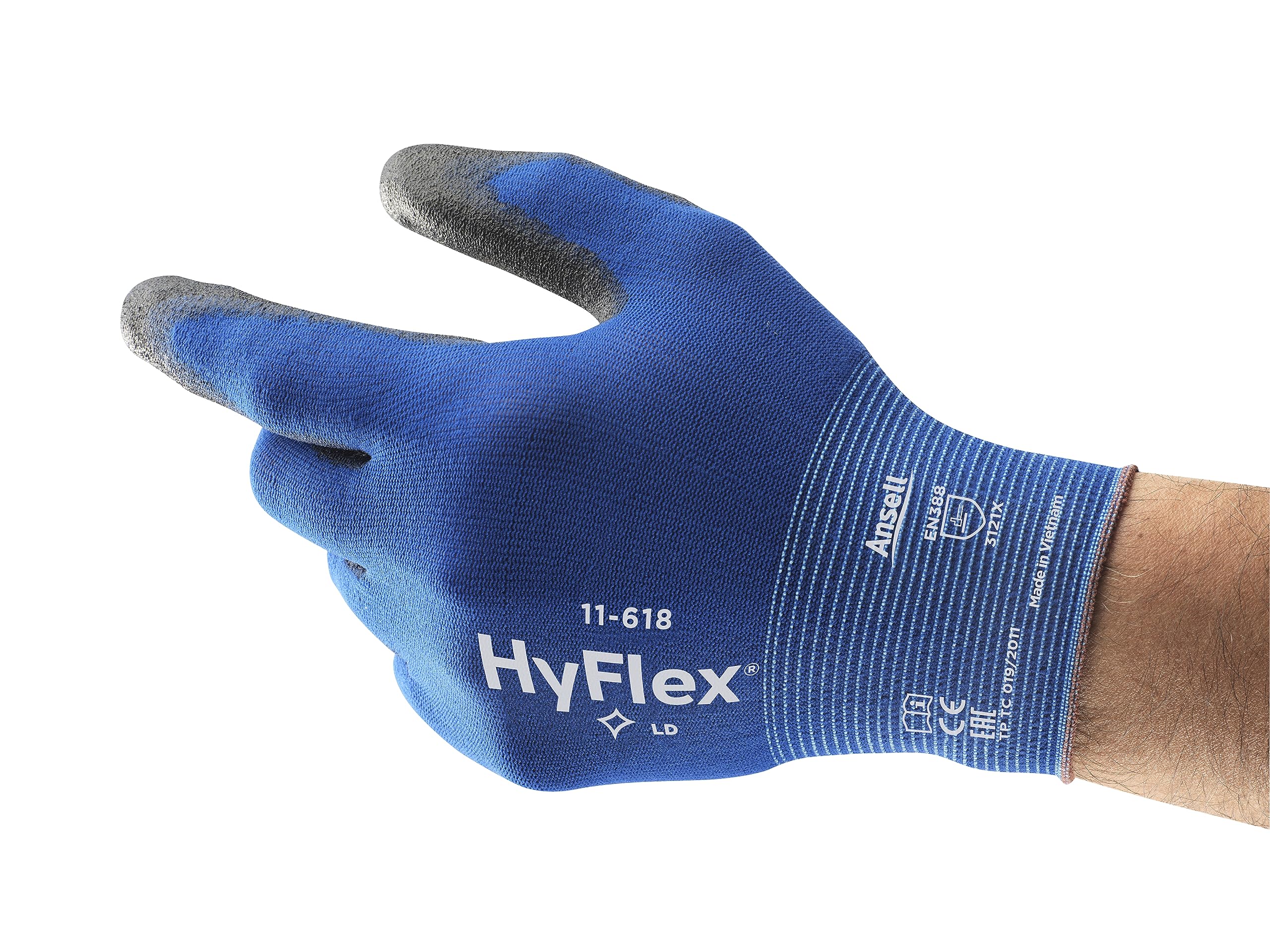Ansell HyFlex 11-618 Mechanics Gloves, Abrasion-Resistant PU Coated Safety Gloves for Precision Handling, Touchscreen Compatible, Ultra-Thin, Blue, XL, 1 Pair