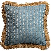 Creative Co-Op Jacquard Square Pillow with Brocade Pattern, Blue & Gold Finish