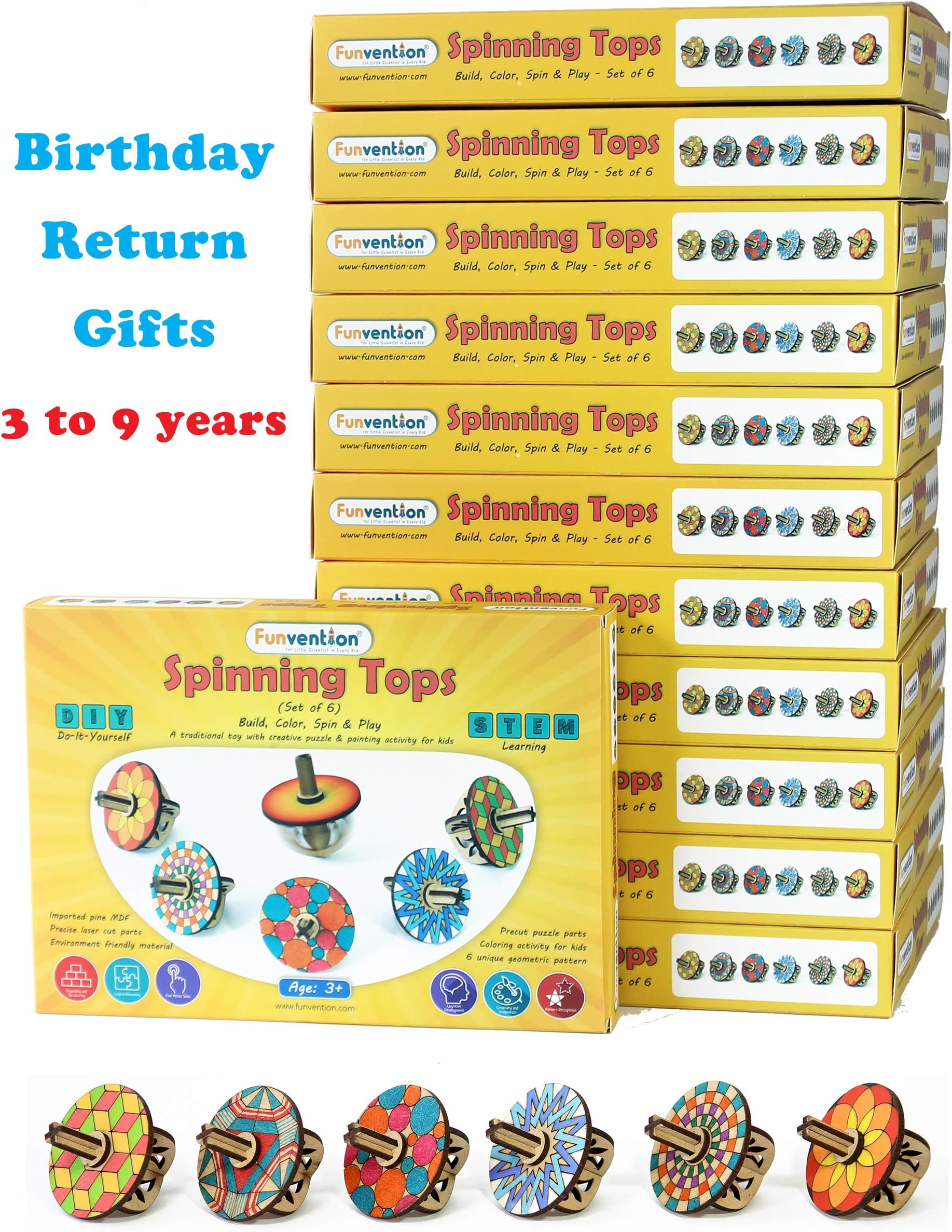 Funvention Birthday Return Gifts (Pack of 12) DIY Spinning Tops (Mandala Art) Set of 6 Build, Color, Play, Art & Craft Coloring Activity Party Pack Return Favors for Kids (6 Tops & 8 Colors Per Set)