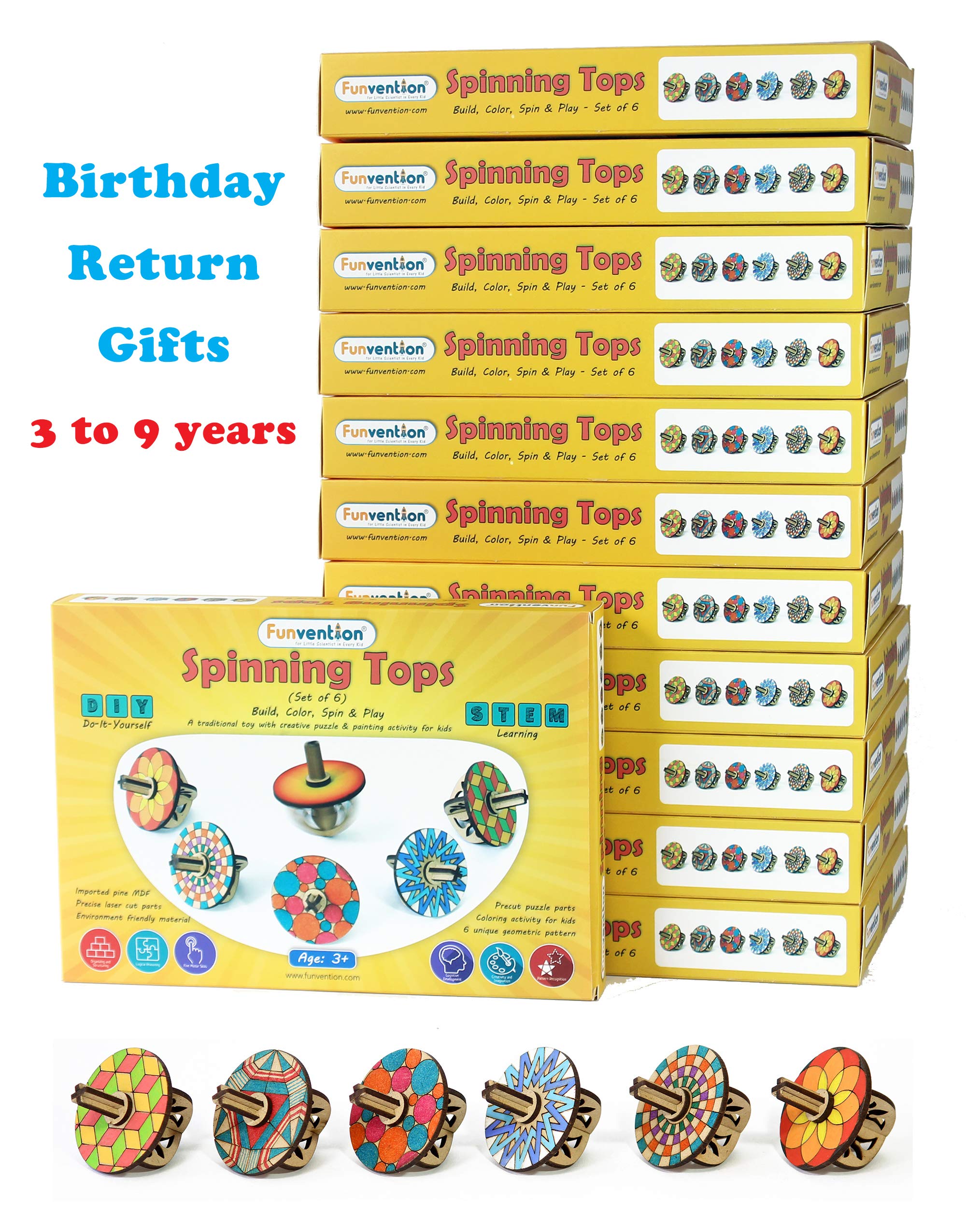 Funvention Birthday Return Gifts (Pack of 12) DIY Spinning Tops (Mandala Art) Set of 6 Build, Color, Play, Art & Craft Coloring Activity Party Pack Return Favors for Kids (6 Tops & 8 Colors Per Set)