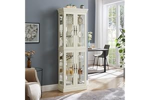 CKEASEAN Curio Cabinet 71" Lighted Glass Display Cabinet, Wooden Curio Cabinet with Adjustable Glass Shelves Vintage, China Cabinet Light Bulb Included, Curio Storage Cabinet with 6 Shelves (White)