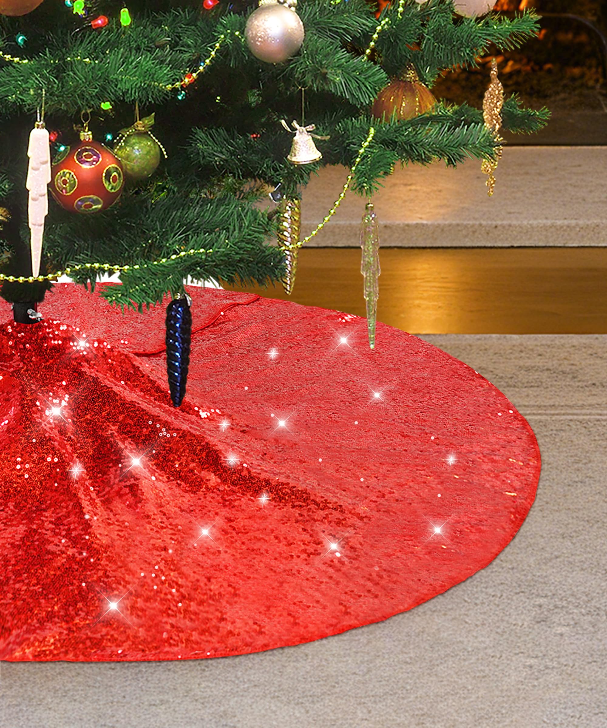 Eternal Beauty Xmas Tree Skirt - 91cm Round Sequin Tree Base Cover for Christmas Decorations (36 inches, Red)