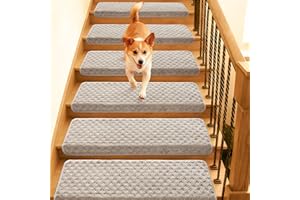 BONACA 9.5"x32" Bullnose Stair Treads Non Slip Indoor, 14 Pcs Carpet Stair Treads for Wooden Steps, Washable Reusable Peel an