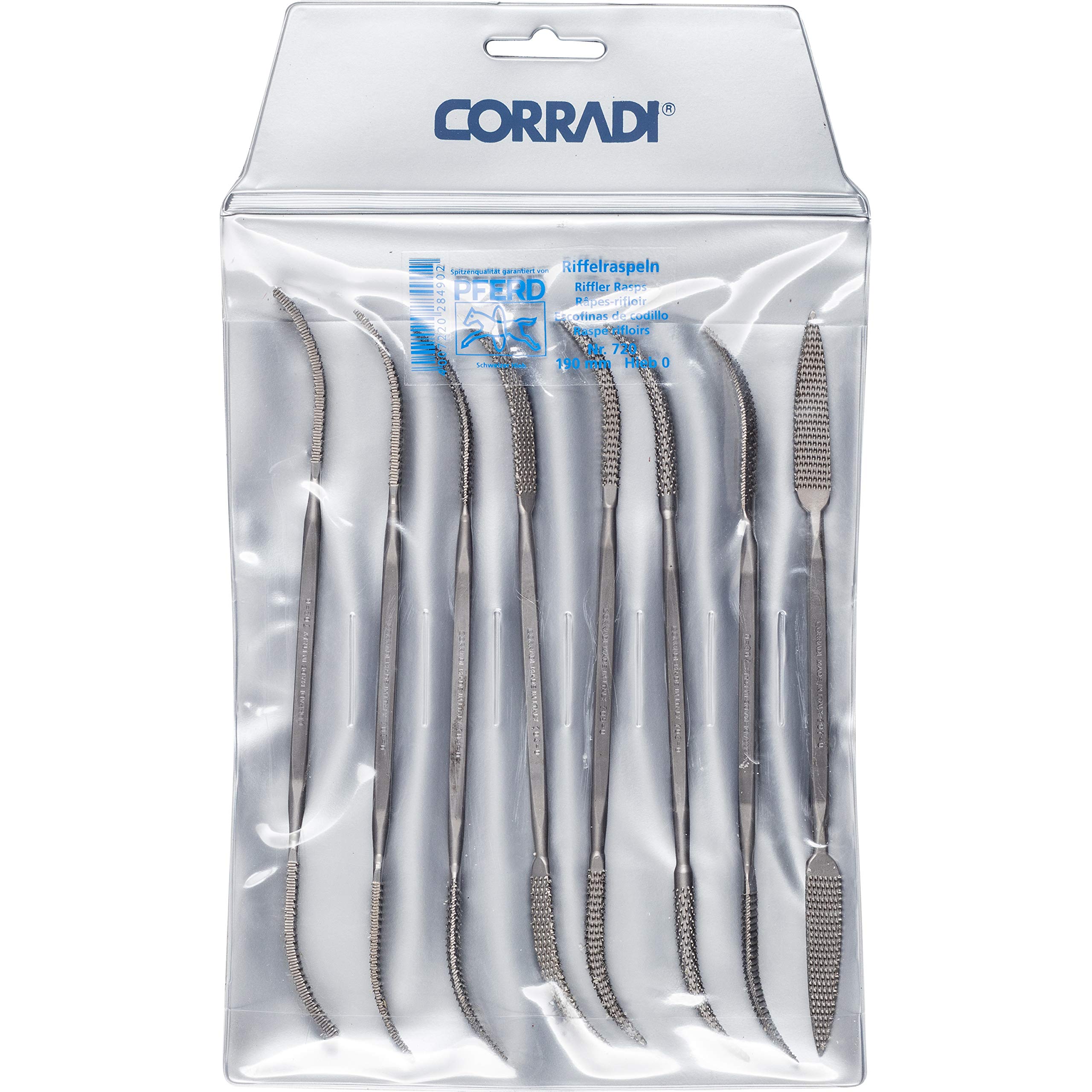 Corradii 19507202 Corradi Corrugated Rasp Set, 8 Pieces, Swiss Cut 0, 190 mm, Suitable for Coarse Precision Machining of Hard-to-Reach Areas