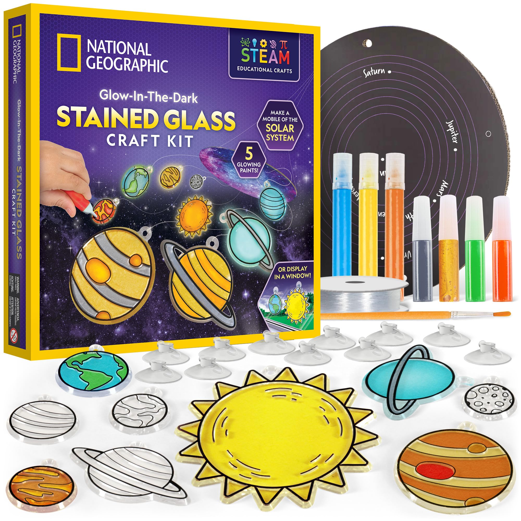 NATIONAL GEOGRAPHIC Kids Window Art Kit - "Stained Glass" Solar System Arts & Crafts Kit with Glow in the Dark Planets, Use as Window Suncatchers, Hanging Decor from Ceiling, Mobile, Space Room Décor