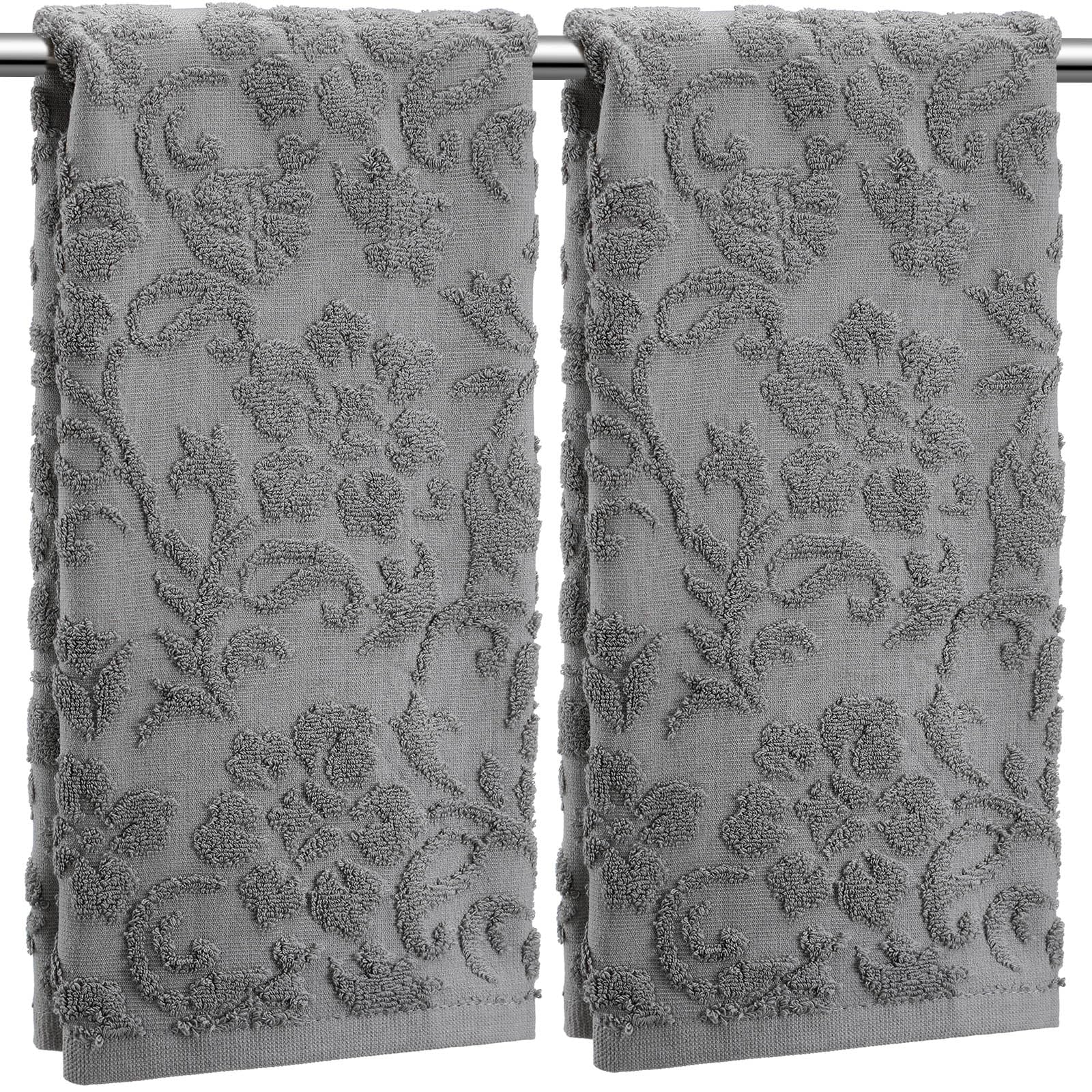 Photo 1 of SmoothNovelty 2 Pcs Floral Jacquard Hand Towels for Bathroom Gray Hand Towels 100% Cotton Absorbent Decorative Weave Bath Decor Neutral Bathroom Decor Gift, 13.7 x 29.5 Inch