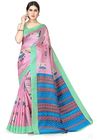 Womens Khadi Silk Printed Saree With Blouse Piece (12504-Pink)