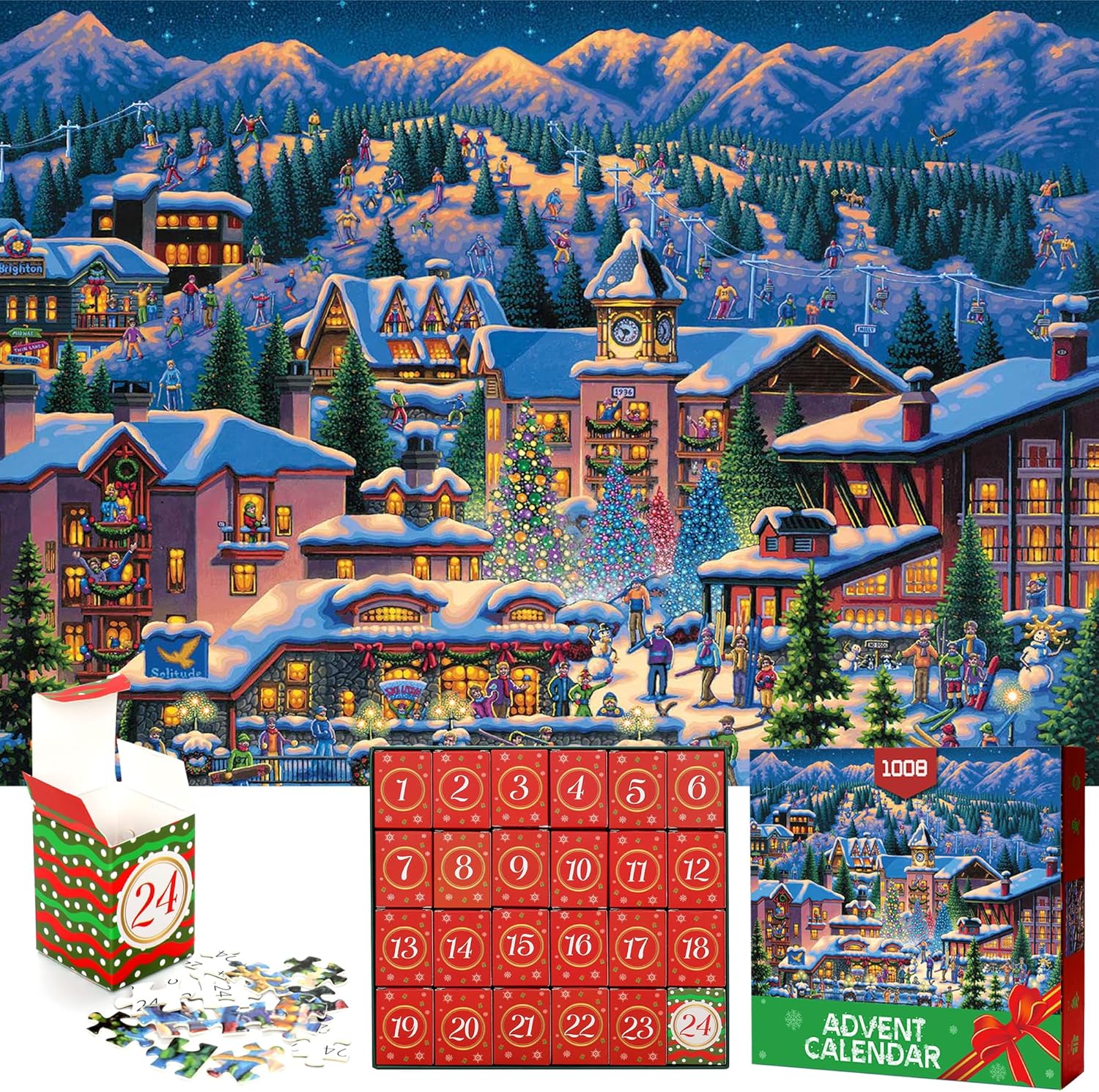 Advent Calendars - Advent Calendar Jigsaw Puzzle Snowmountain - 24 Days Christmas Countdown Calendars 1008 Piece Family Mountain Jigsaw Puzzle for Adult Kids Gift Fun Christmas Game and Christmas Decorate