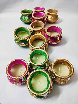 Clay Handmade Wax Filled Matki Diyas for Diwali Decoration and Celebration Pack of 12 Multicolor diyas (Multicolor, 6)