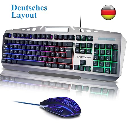 Gaming Tastatur mit Maus, QWERTZ Beleuchtete Tastatur und Maus Set 105 Tasten PC Tastatur mit 6 Farben LED Multimedia Hinterg