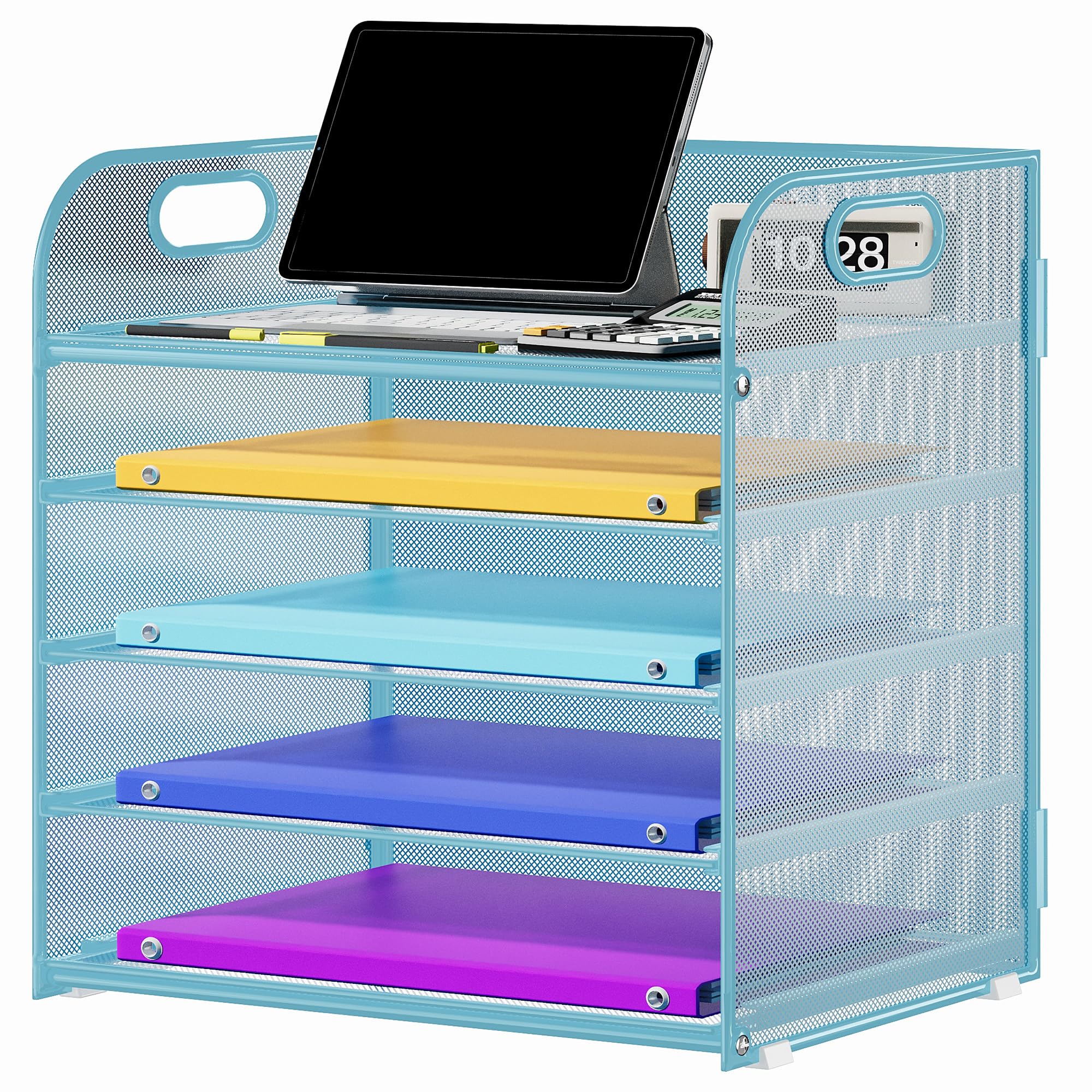 Photo 1 of Cawukege 5 Tier Paper Organizer with Handle, Metal Mesh Desk Organizer File Folder Paper Letter Tray Desktop Document Sorter for Classroom, School, Office Accessories Organization and Storage - Blue
