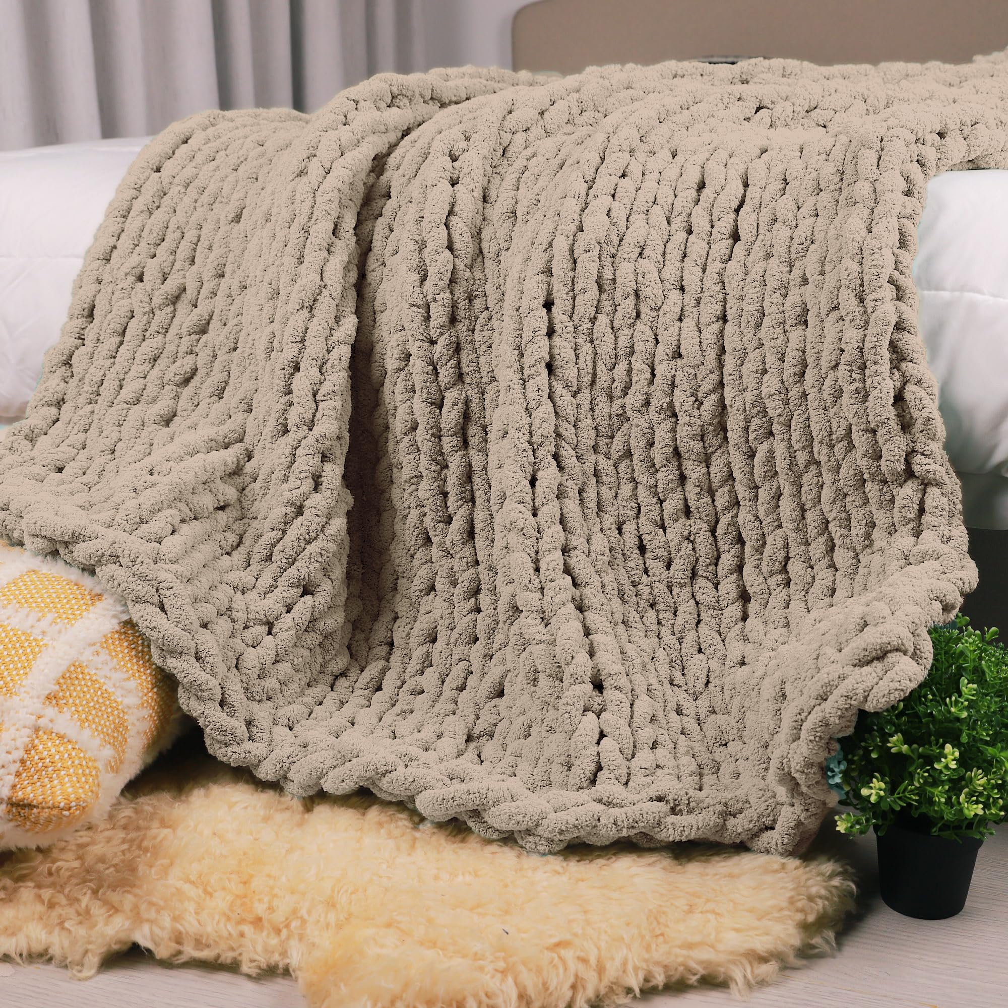 Photo 1 of Carriediosa Chunky Knit Throw Blanket 50" X 60", 100% Hand Made Large Chenille Loop Yarn Soft Fluffy Throws for Couch Sofa Bed, Big Crochet Cozy Heavy Thick Cable Woven Blankets, Taupe