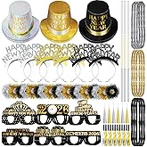 ShinyMatch 90 Pcs New Years Eve Party Supplies Kit 2026 for 18 Guests Include Top Hat Tiaras Noisemakers Glasses Necklaces