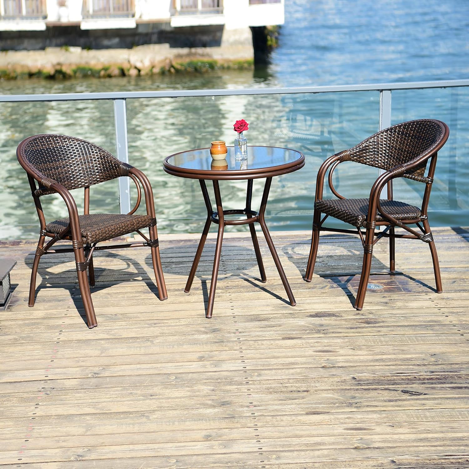 PURPLE LEAF French Patio Bistro Set Rattan Aluminum Large