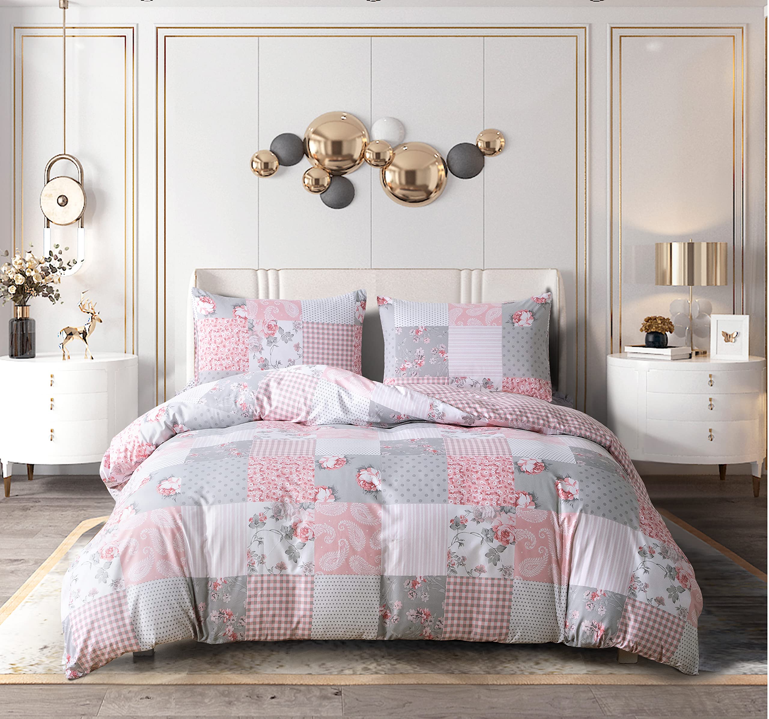 PRIME LINENS Duvet Cover Set 2 Pcs Polyester-Cotton Quilt Cover Bedding Set With Pillow Cases Easy Care Machine Washable Anti Allergic (Grey Floral, Single 2 Piece)