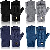Newcotte 4 Pairs Winter Knitted Fingerless Gloves with Mitten Cover Convertible Fingerless Warm Wool Knit Flip Mittens