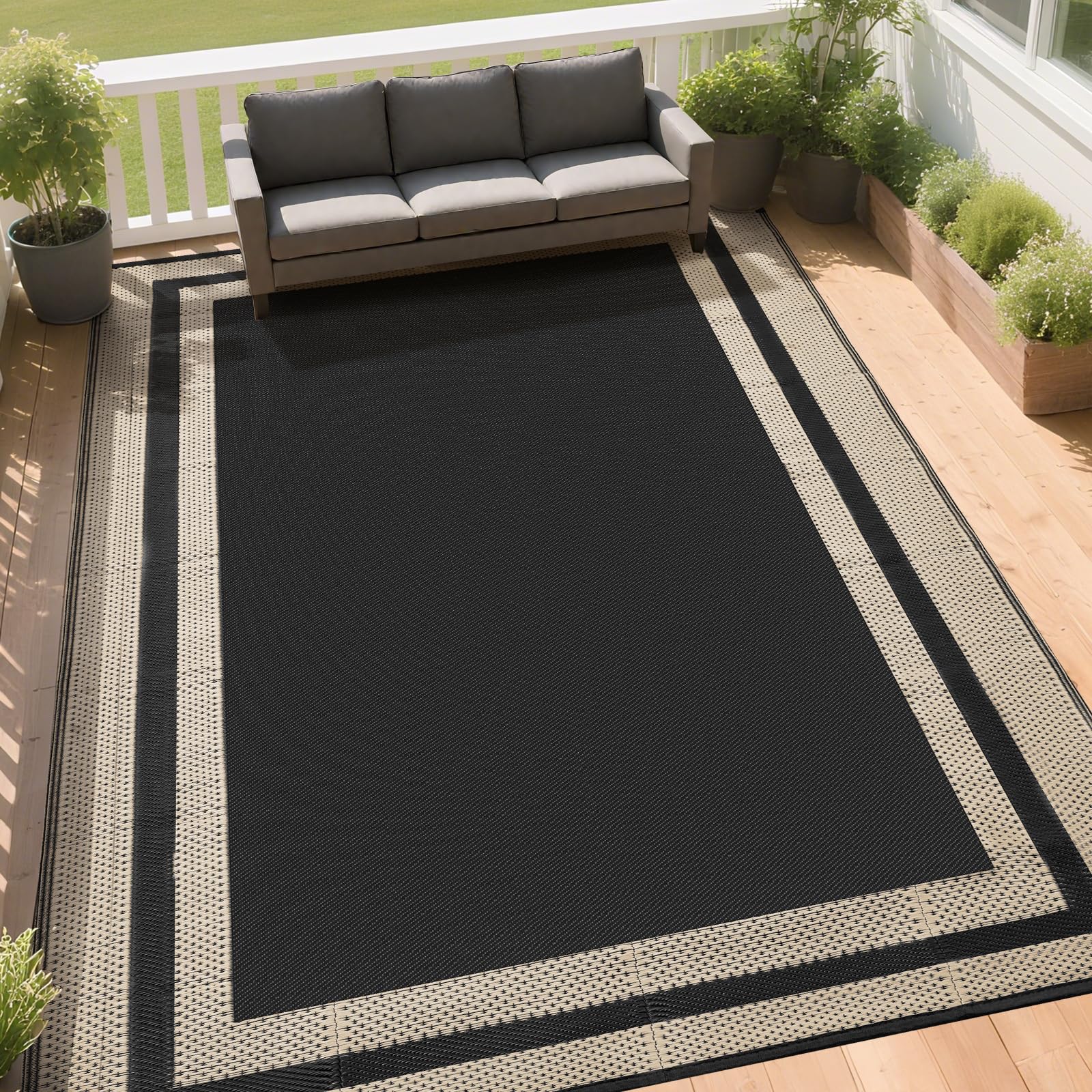 Photo 1 of RURALITY Outdoor Rugs 8x10 Waterproof for Patios Clearance,Large Plastic Straw Mats for Backyard,Porch,Deck,Balcony,Black&Beige