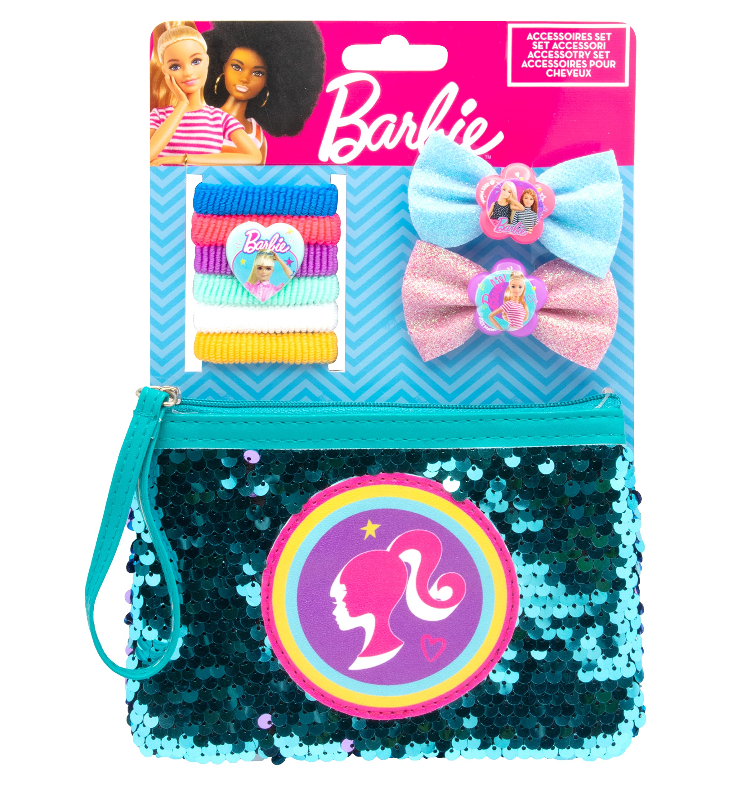 Joy Toy - Barbie set with 6 braid holders, 2 hair clips with glitter mesh and magical sequin beauty bag on back card 14.5 x 2 x 21 cm