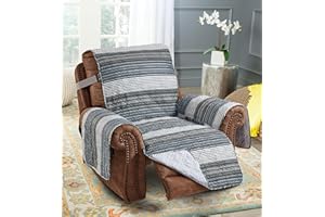 Brilliant Sunshine Multi Grey Stripes Patchwork Quilted Recliner Slipcover, 26" Seat Width, Slip Resistant Furniture Protector, 2" Strap, Washable Reclining Chair Cover for Kids, Dogs, Multi Grey