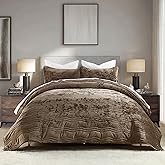 AJOCCI Velvet Quilt Set, Mocha Brown Velvet Quilt Queen Size Comforter Set, Luxury Bedding Soft Plush Bedspread, Machine Washable Coverlet, All-Season 3 Pieces