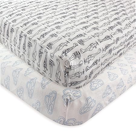Hudson Baby 2 Piece Cotton Fitted Crib Sheet, Airplane, One Size