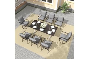 Gotland 9 Piece Outdoor Dining Table and Chairs for 8, Rectangular Patio Dining Table with Umbrella Hole with 2 Swivel Rocking Dining Chairs with Cushions, Lawn Garden Outdoor Table and Chairs