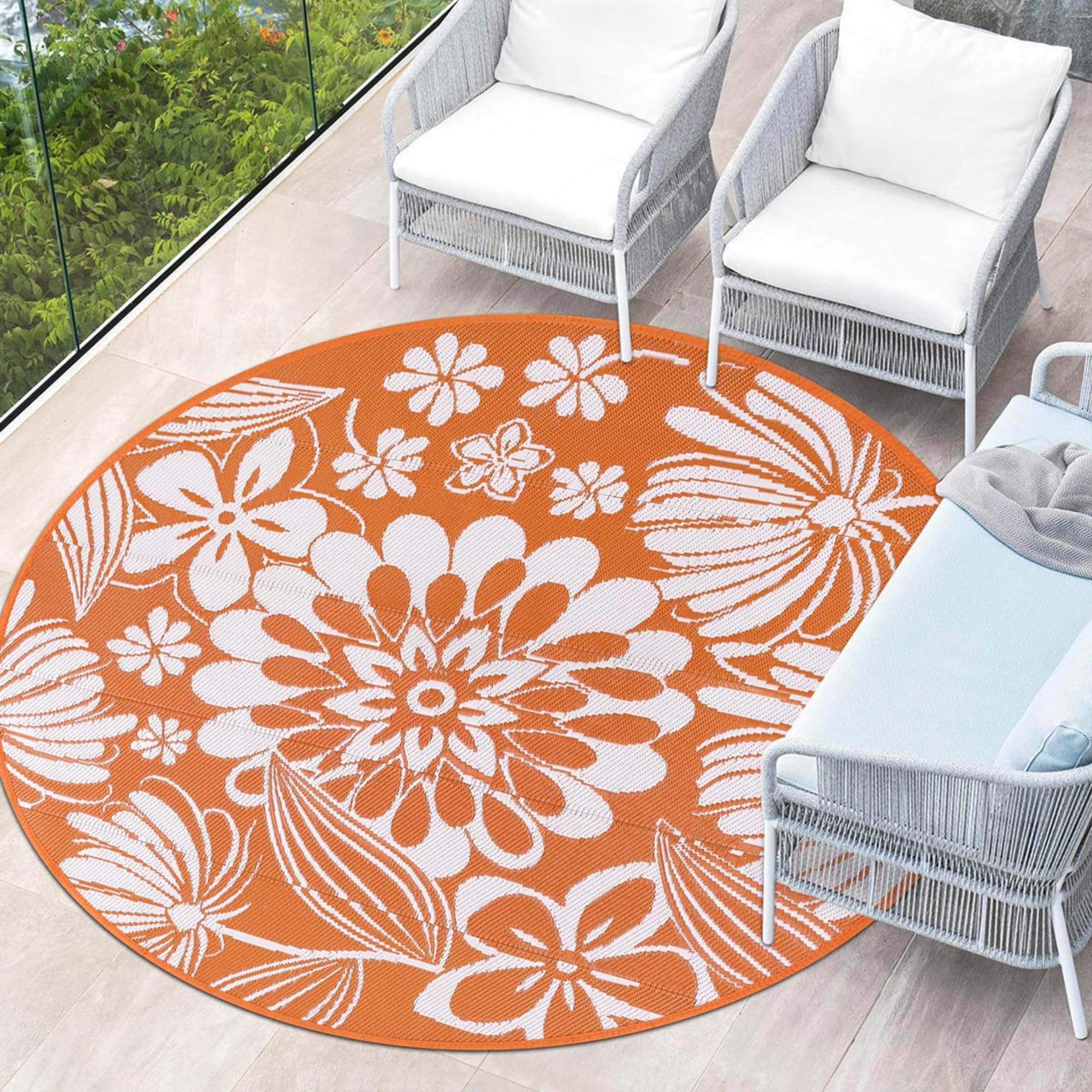 Photo 1 of Ileading Round Outdoor Plastic Straw Rug 6ft Funny Floral Style Reversible Patio Area Rugs Waterproof Non Shedding Portable Carpets for Rv Outside Deck Pool Beach Picnic Camping (Orange)