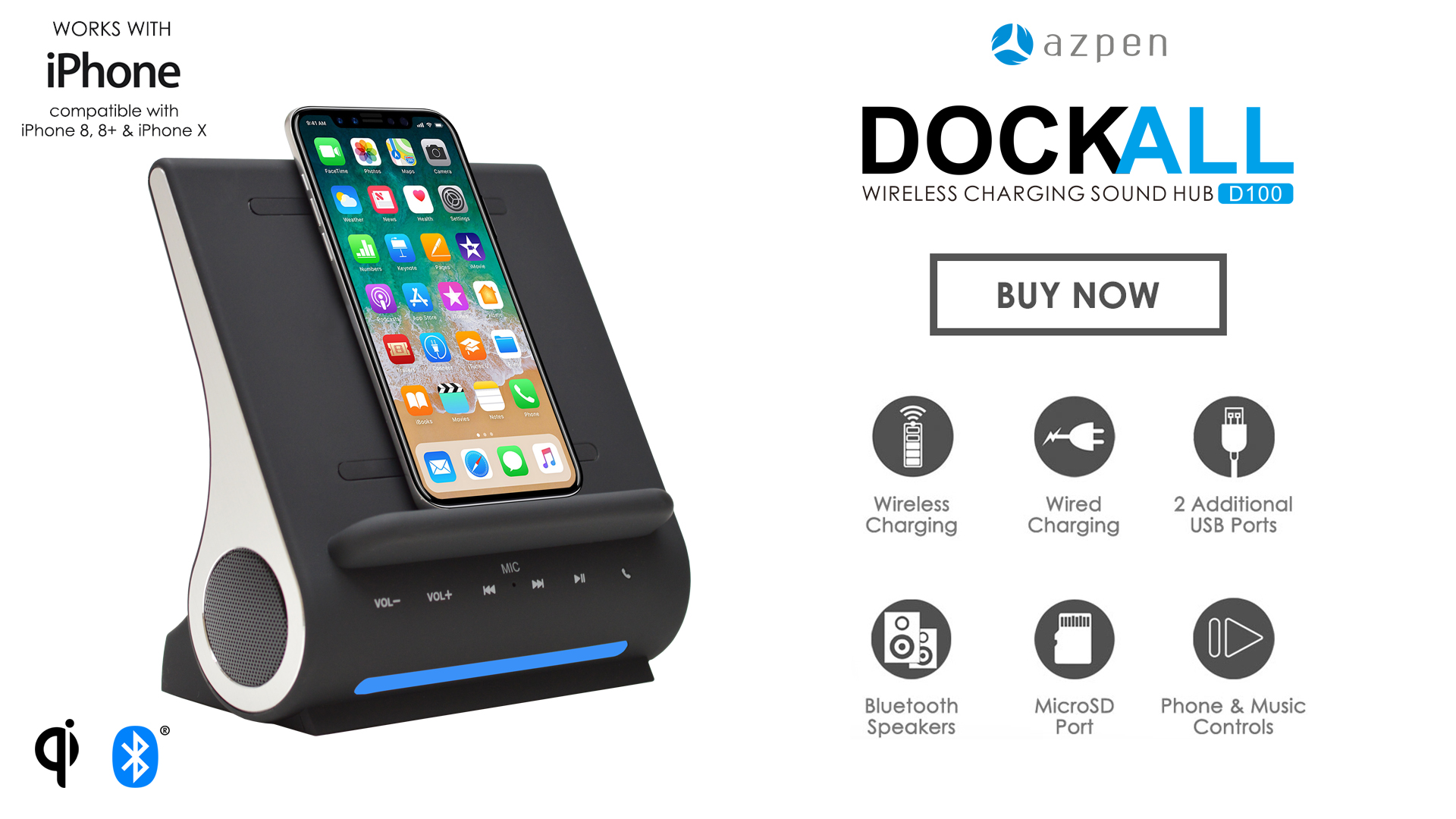 Azpen-Dockall-D100-Qi-Wireless-Charger-Bluetooth-Premium-Speakers-Docking-Station-with-Built-in-Mic-Handsfree-call-3-in-1-Station-for-iPhone-and-Samsung-phone