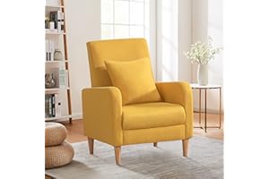 COLAMY Modern Upholstered Accent Chair Armchair with Pillow, Fabric Reading Living Room Side Chair,Single Sofa with Lounge Seat and Wood Legs, Yellow