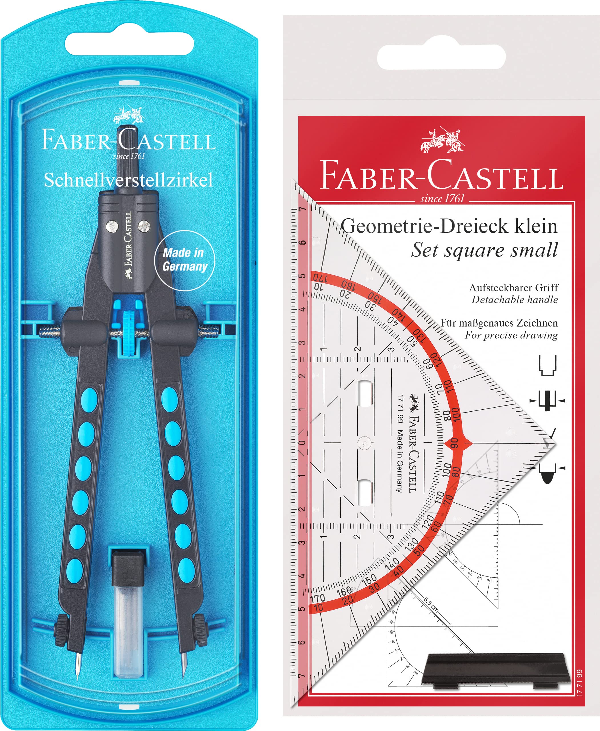 Faber-Castell Factory 174340 Quick Adjustment Compass Blue + Original Geometry Triangle Small with Handle 14 cm